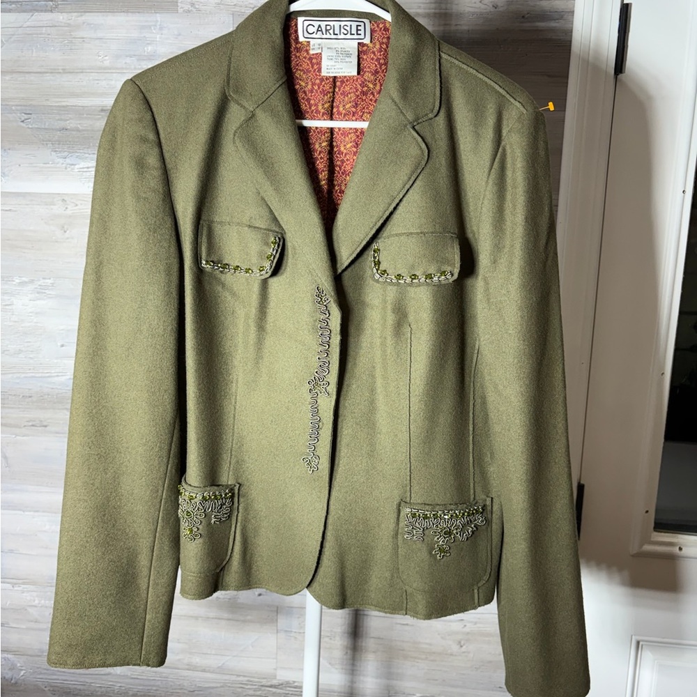 CarlisleVintage  Olive Embellished Women's 97% Wool Blazer 1130